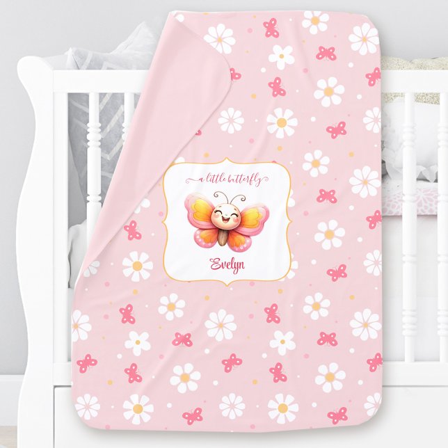 Cute Butterfly Pink Floral Girl Custom Name Baby Blanket (Cute Butterfly Pink Floral Girl Custom Name Baby Blanket)