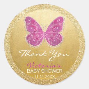 Cute Butterfly Pink Gold Glitter Baby Shower Classic Round Sticker