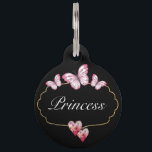 Cute Butterfly Pink Hearts Gold Frame Pet ID Tag<br><div class="desc">This adorable pet ID tag for a dog or a cat features a simple black background with a gold frame that has pretty pink and white butterflies at the top. On the bottom there are two unique watercolor hearts. You can personalize your pet's name on the front and put your...</div>