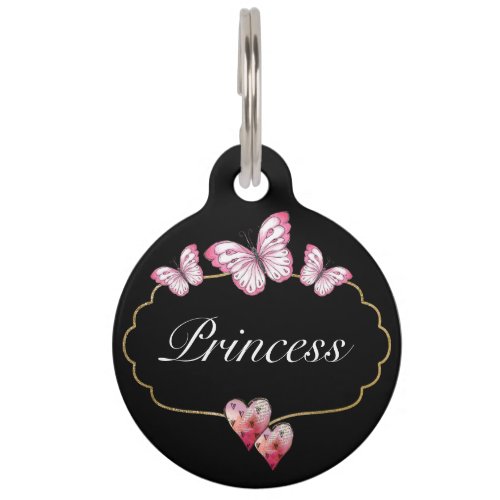 Cute Butterfly Pink Hearts Gold Frame Pet ID Tag