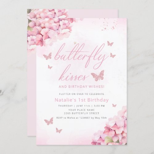 Cute Butterfly Pink Watercolor Floral 1st Birthday Invitation