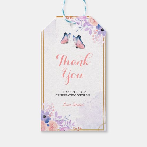 Cute Butterfly Purple Pink Floral Girl Baby Shower Gift Tags