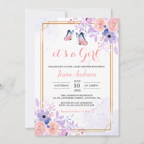 Cute Butterfly Purple Pink Floral Girl Baby Shower Invitation