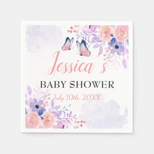 Cute Butterfly Purple Pink Floral Girl Baby Shower Napkins