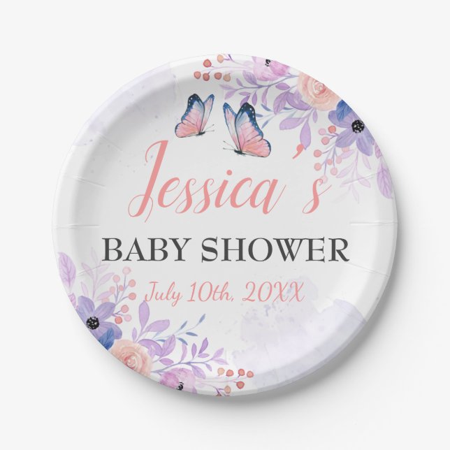 Cute Butterfly Purple Pink Floral Girl Baby Shower Paper Plates (Front)