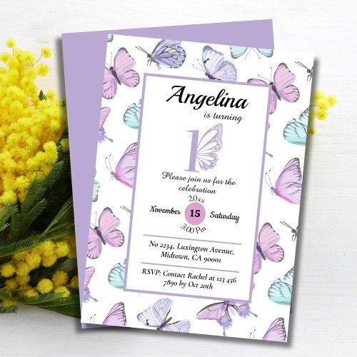 Cute butterfly themed 1st birthday purple  white invitation