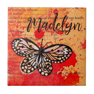 Cute Butterfly Watercolor Vintage Boho Add Name Ceramic Tile
