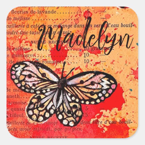    Cute Butterfly Watercolor Vintage Boho Add Name Square Sticker