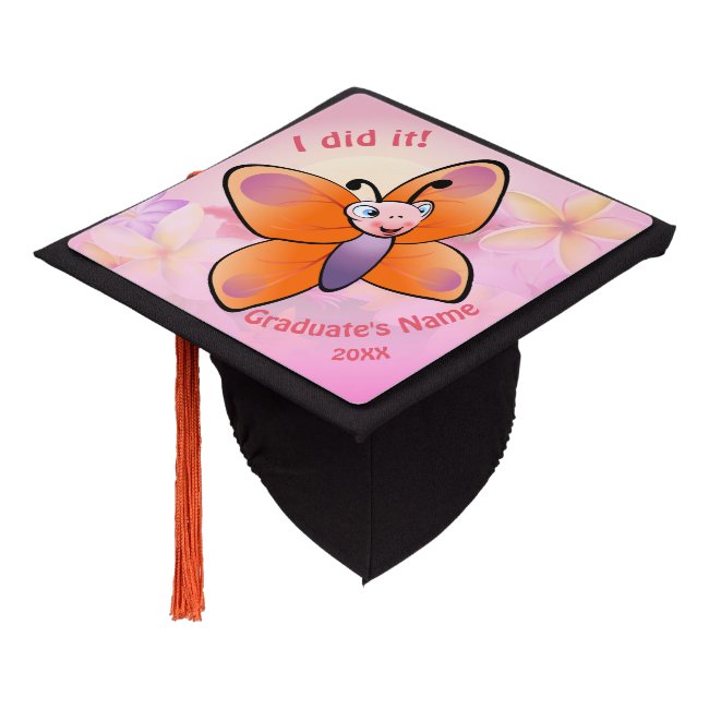 Cute Butterfly With Colorful Flowers Graduation Cap Topper