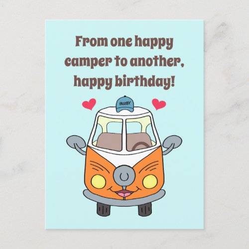 Cute Buzby The Bus Happy Camper Birthday Postcard
