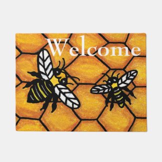 Cute Buzzing Yellow and Black Bees Honeycomb Doormat