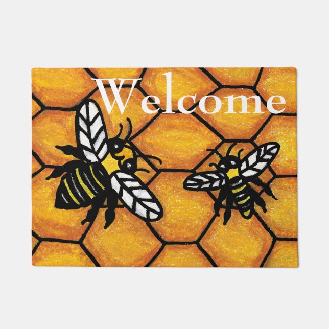 Cute Buzzing Yellow and Black Bees Honeycomb Doormat (Front)