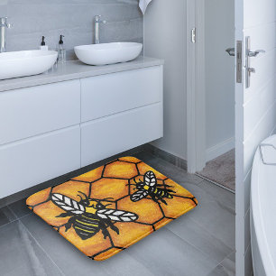 Cute Buzzing Yellow Jacket Bee Honeycomb Bathroom Mat