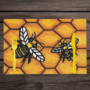 Cute Buzzing Yellow Jacket Bee Honeycomb Placemat