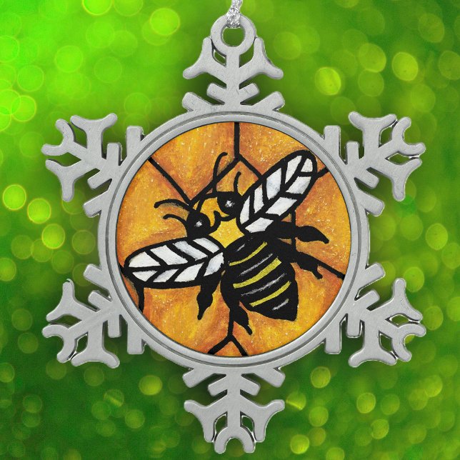 Cute Buzzing Yellow Jacket Bee Honeycomb Snowflake Pewter Christmas Ornament (Black and yellow bee with white wings on golden honeycomb on snowflake shaped hanging ornament.)
