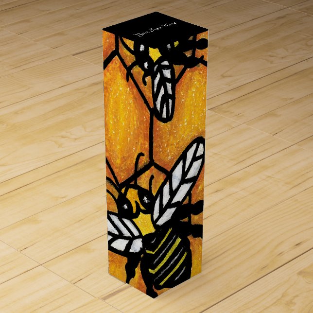 Cute Buzzing Yellow Jacket Bee Honeycomb Wine Box (Front)