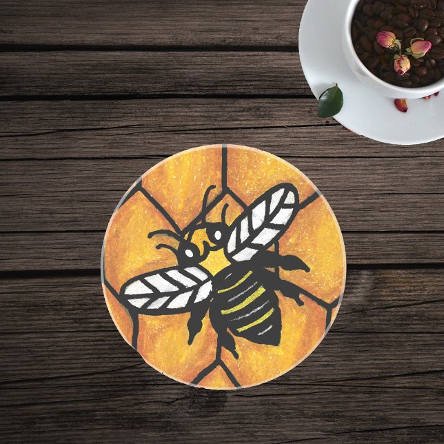 Cute Buzzing Yellow Jacket Bee on Honeycomb Drink Coaster (Black and gold yellow jacket bee on golden honeycomb background on glass drink coaster.)
