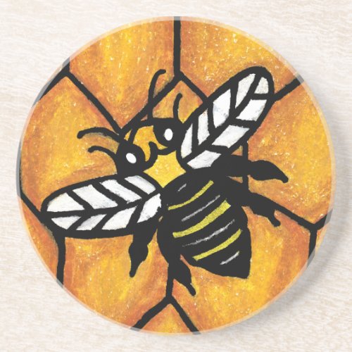 Cute Buzzing Yellow Jacket Bee on Honeycomb Drink Coaster