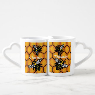 Cute Buzzing Yellow Jacket Bees Golden Honeycomb Coffee Mug Set