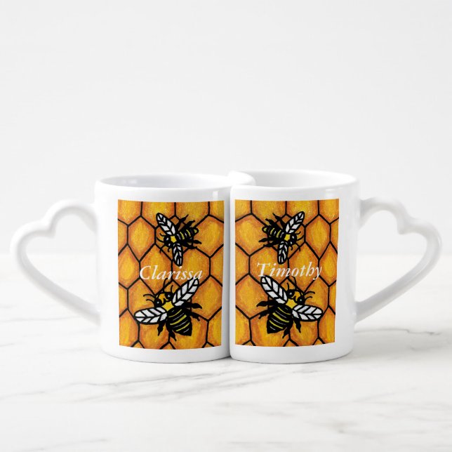 Cute Buzzing Yellow Jacket Bees Golden Honeycomb Coffee Mug Set (Front Nesting)