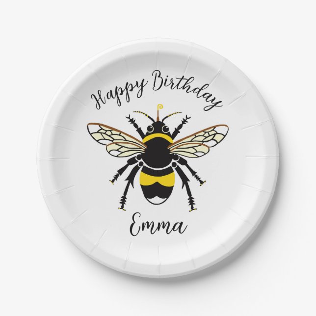 Cute Buzzy BEE  Wildlife - Happy Birthday - Party  Paper Plates (Front)