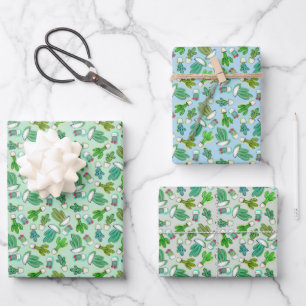 Cute cacti, succulent cactus in white pots wrapping paper sheets