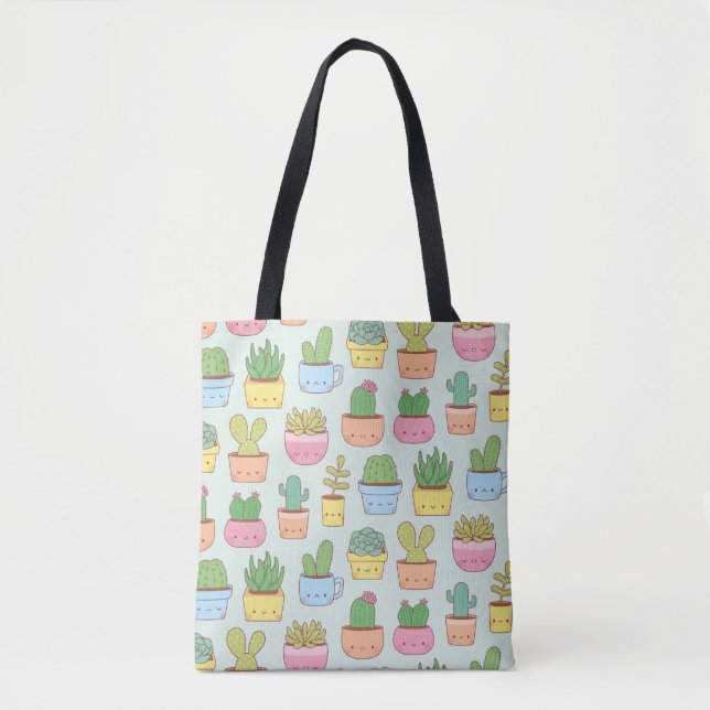Cute Cacti Succulents Plants Doodles Pattern Tote Bag (Front)