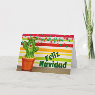 Cute Cactus and Festive Lights Feliz Navidad Holiday Card