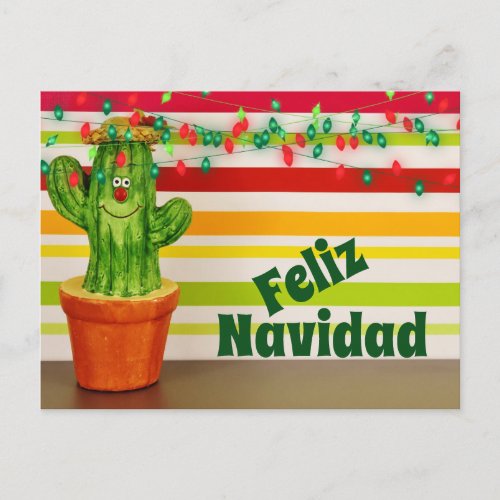 Cute Cactus and Festive Lights Feliz Navidad Holiday Postcard
