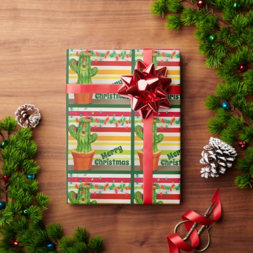 Cute Cactus and Festive Lights Merry Christmas Wrapping Paper