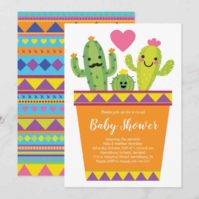 Cute Cactus Baby Shower Colorful Southwestern Invitation (Front/Back)