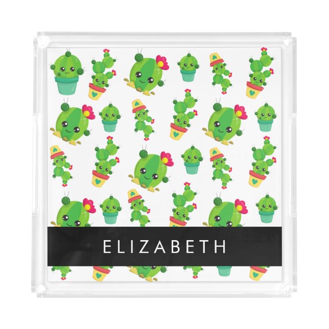 Cute Cactus, Cactus Pattern, Succulent, Your Name Acrylic Tray (Front)