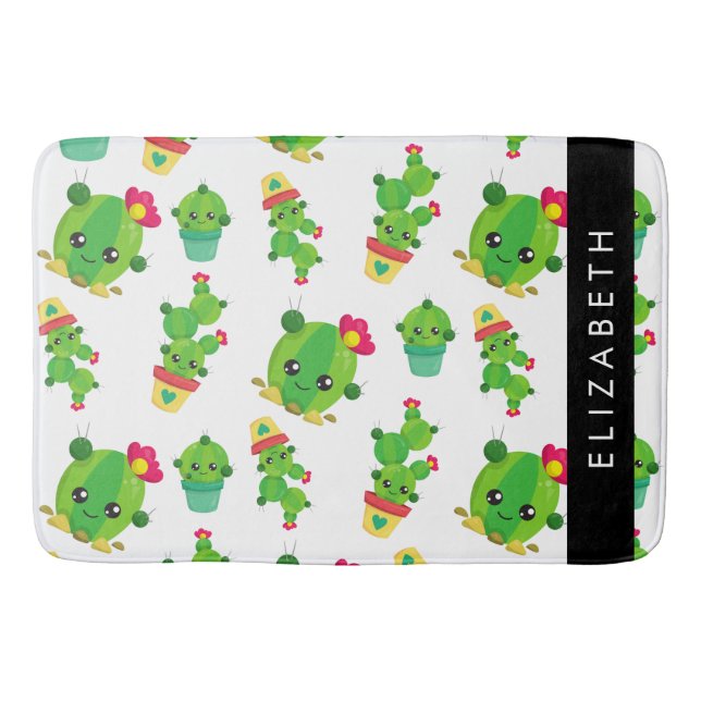 Cute Cactus, Cactus Pattern, Succulent, Your Name Bath Mat (Front)