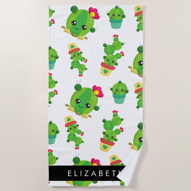 Cute Cactus, Cactus Pattern, Succulent, Your Name Beach Towel (Front)