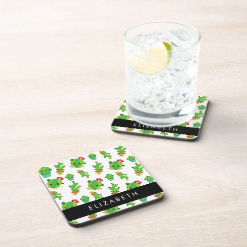 Cute Cactus Cactus Pattern Succulent Your Name Beverage Coaster