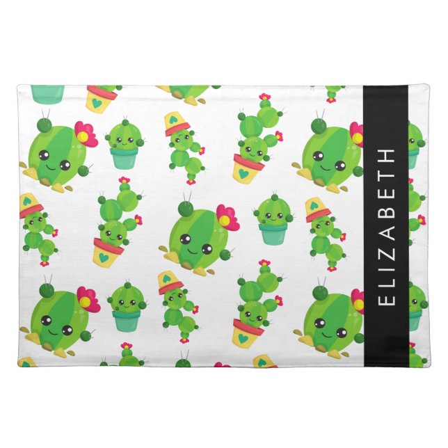 Cute Cactus, Cactus Pattern, Succulent, Your Name Cloth Placemat (Front)