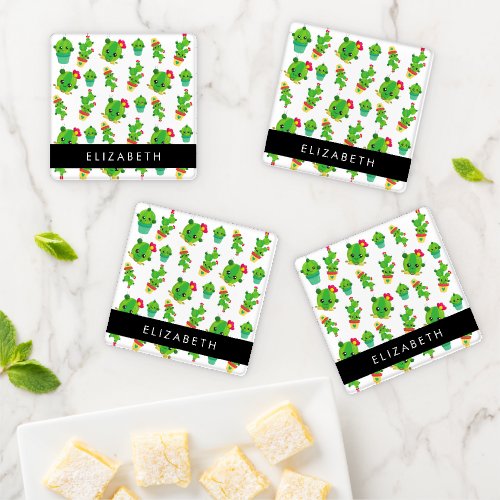 Cute Cactus Cactus Pattern Succulent Your Name Coaster Set