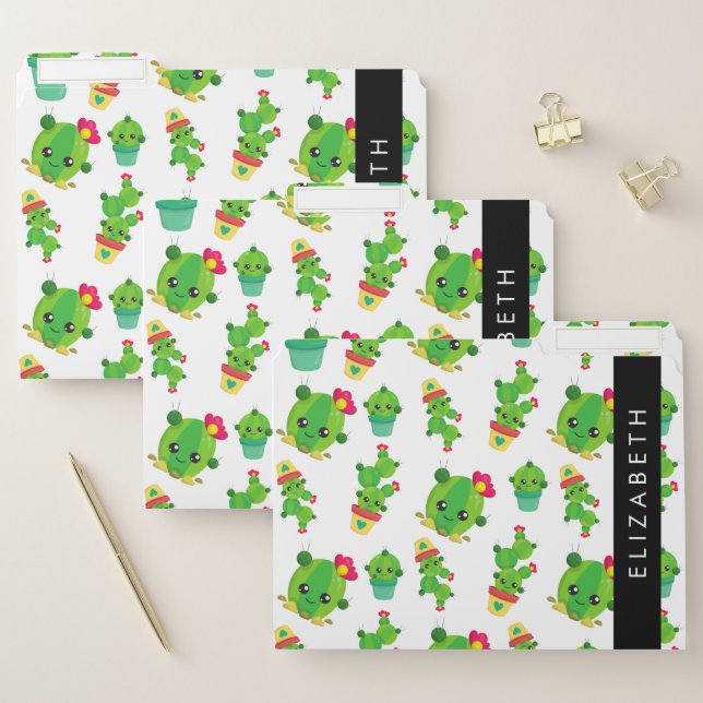 Cute Cactus, Cactus Pattern, Succulent, Your Name File Folder (Set)