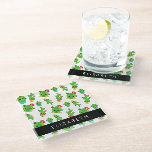 Cute Cactus Cactus Pattern Succulent Your Name Glass Coaster