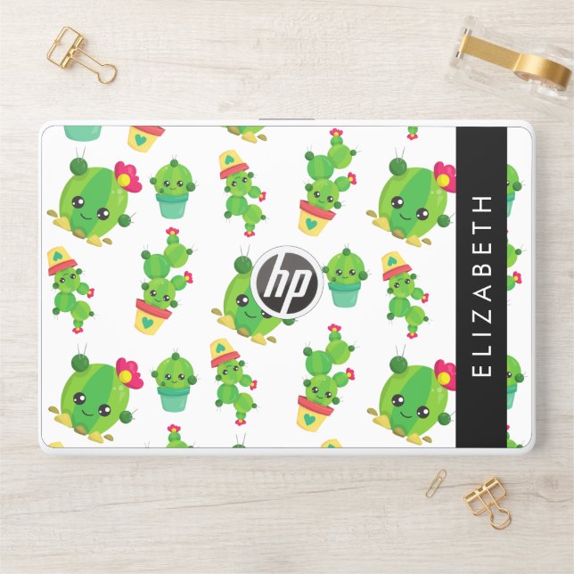 Cute Cactus, Cactus Pattern, Succulent, Your Name HP Laptop Skin (Desk)