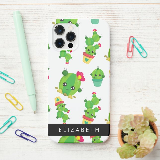 Cute Cactus, Cactus Pattern, Succulent, Your Name iPhone Case (On Desk)