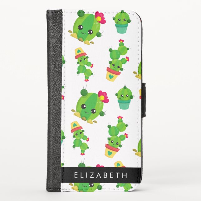 Cute Cactus, Cactus Pattern, Succulent, Your Name iPhone Wallet Case (Front)