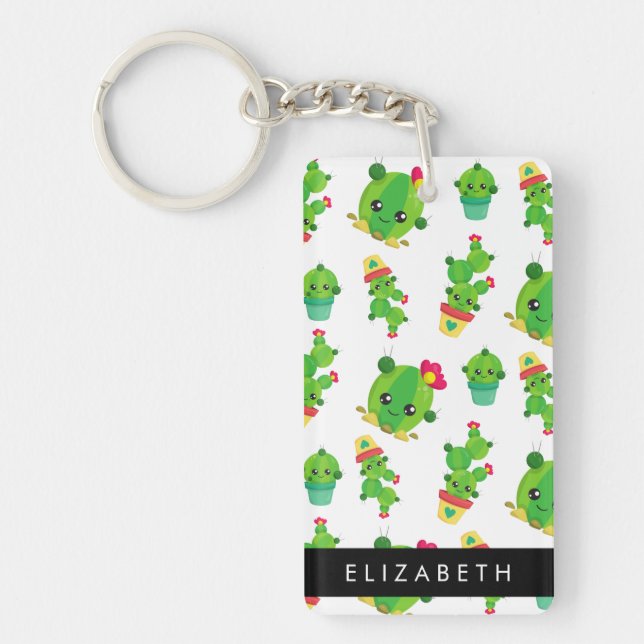 Cute Cactus, Cactus Pattern, Succulent, Your Name Keychain (Front)