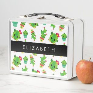 Cute Cactus, Cactus Pattern, Succulent, Your Name Metal Lunch Box