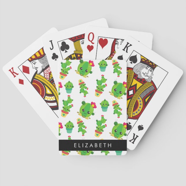 Cute Cactus, Cactus Pattern, Succulent, Your Name Poker Cards (Back)