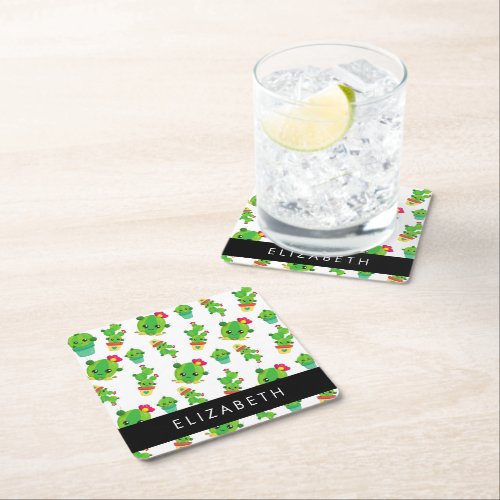 Cute Cactus Cactus Pattern Succulent Your Name Square Paper Coaster