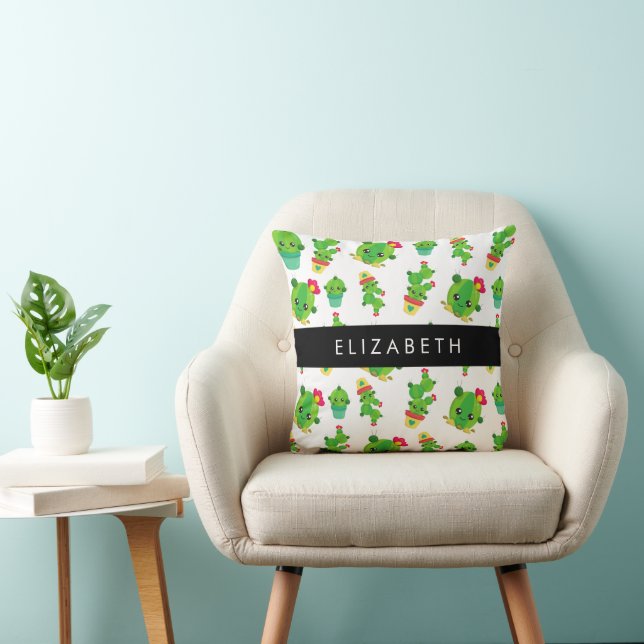 Cute Cactus, Cactus Pattern, Succulent, Your Name Throw Pillow (Chair)