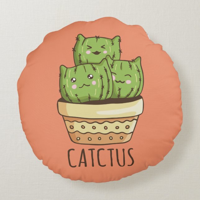 Cute Cactus Cats Round Pillow (Back)