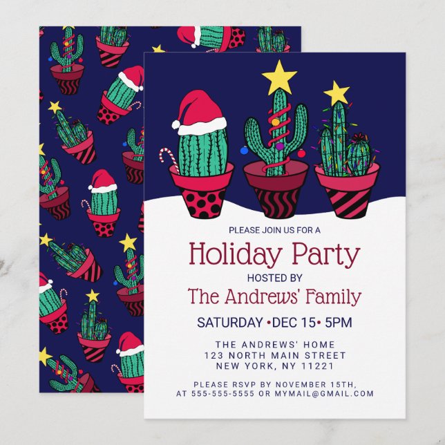 Cute Cactus Christmas Tree Lights Holiday Invitation (Front/Back)