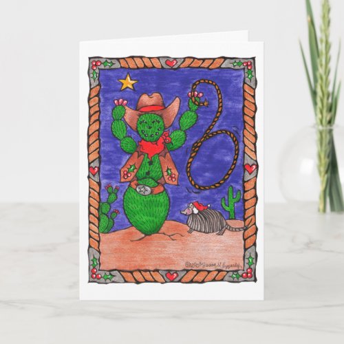 Cute Cactus Cowboy Armadillo Texas Christmas Holiday Card